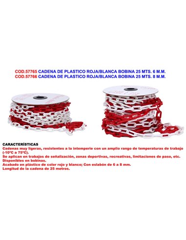 Cadena de plástico roja y blanca 25 mts 6 mm