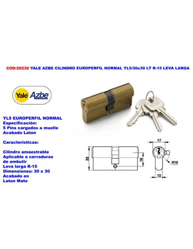 Europrofile cylinder normal YALE AZBE YL5/30x30 LT R15