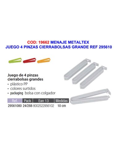 Juego de 4 pinzas cierrabolsas grandes Metaltex ref 295610