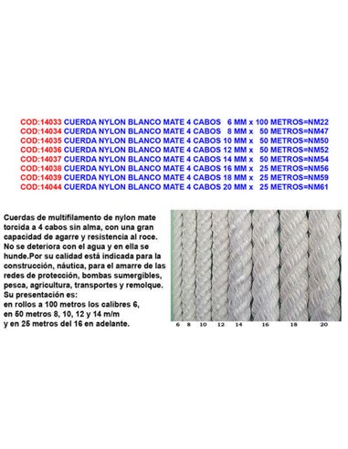 Corde nylon blanc mat 4 brins 8 mm x 50 mètres NM48