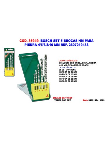 Conjunto de 5 brocas de metal duro para pedra 4/5/6/8/10 mm 607 019 438