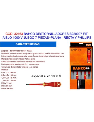 BAHCO B220007 INSULATED 1000V SCREWDRIVER SET 7 PIECES FLAT/STRAIGHT PHILIPS