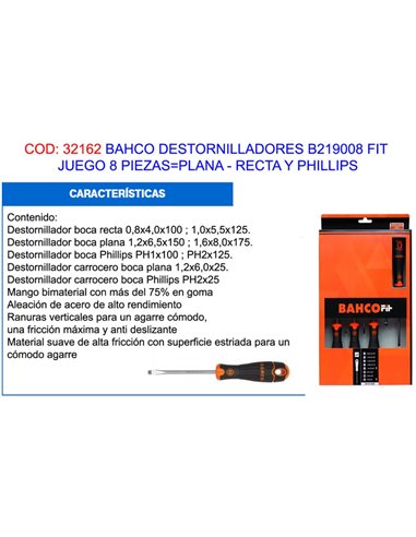 BAHCO B219008 Conjunto de chave de fenda plana e Phillips de 8 peças