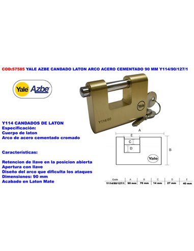 Candado de latón Yale Azbe con arco de acero cementado 90 mm Y114/90/127/1