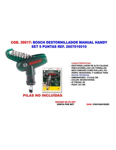 Conjunto de chave de fenda manual Bosch 9 bits 2607019510