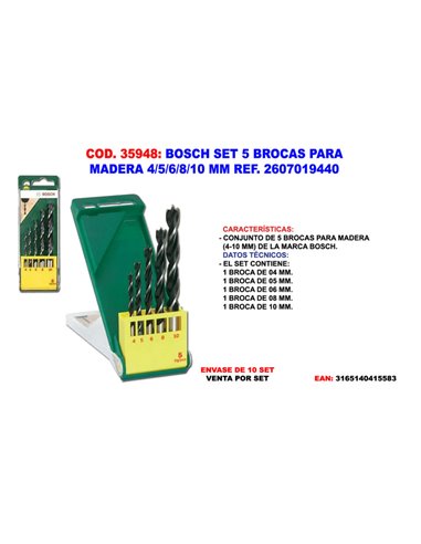 Conjunto de 5 brocas para madeira 4/5/6/8/10 mm 607 019 440