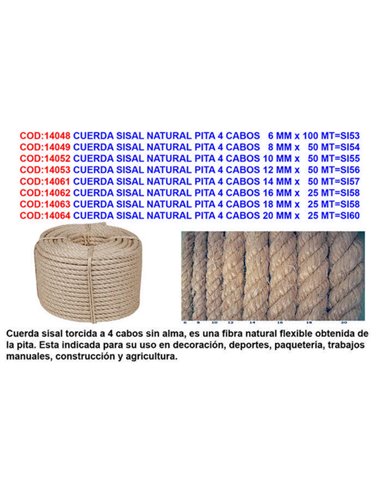 Corde pita en sisal naturel 4 brins 16 mm x 25 mètres