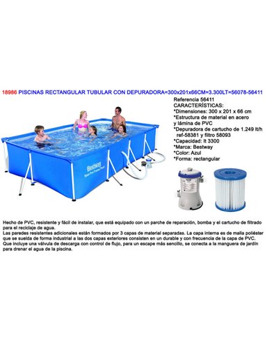 Piscina retangular de aço Pro com purificador 300x201x66 3300 L 56411