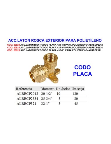 Raccord en laiton R/Ext. Plaque coudée 20-1/2 pour polyéthylène Alrec P2012