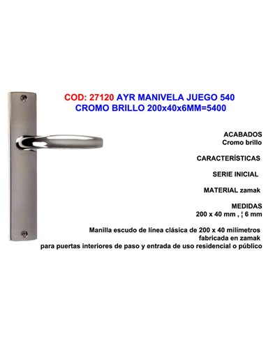 AYR MANILLA PLACA CROMO BRILLO 200x40x6MM JUEGO 540