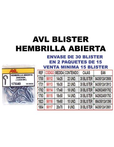 AVL BLISTER HEMBRILLA/CANCAMO ABIERTA 17x40 ZINCADA  1762