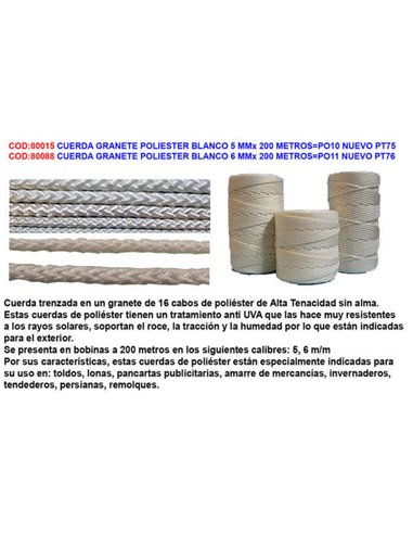 CUERDA GRANETE POLIESTER BLANCO 5 MMx 200 METROSPO10 NUEVO PT75