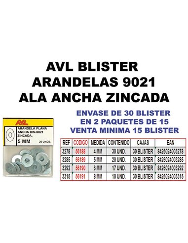 AVL BLISTER ARANDELA 9021 A/ANCHA 6 MM ZINCADA 3292