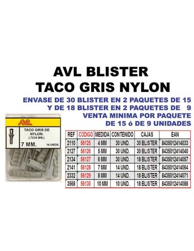 AVL BLISTER TACO GRIS NYLON   7 MM     2141