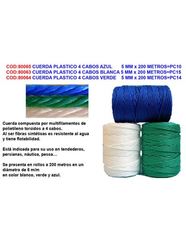 CUERDA PLASTICO 4 CABOS AZUL 5 MM x 200 METROSPC16 NUEVO PC10