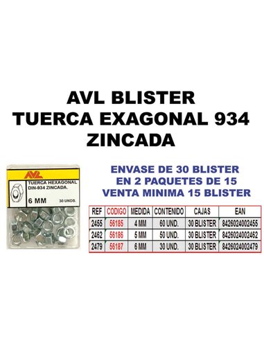 AVL BLISTER TUERCA HEXAGONAL 9345 MM ZINCADA  2462