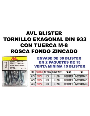 AVL BLISTER TORNILLO HEXAGONAL CON TUERCA 6x20 ZINCADO 5173