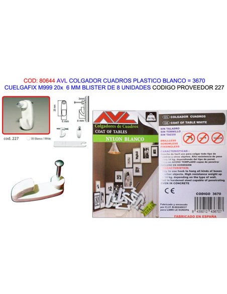 AVL COLGADOR CUADROFIX BLANCO M99920x  6MM BL8 UND3670 (227)