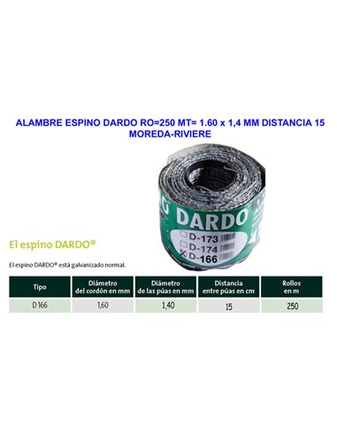 ALAMBRE ESPINO DARDO RO250 MT 1.60 x 1,4MM MOR-RIV DISTAN-15