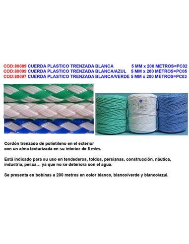 CUERDA PLASTICO TRENZADA BLANCA/VERDE 5 MM x 200 METROSPC03