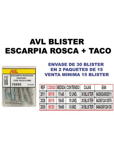 AVL BLISTER ESCARPIA ROSCA ZINCADA + TACO 19x60 2035