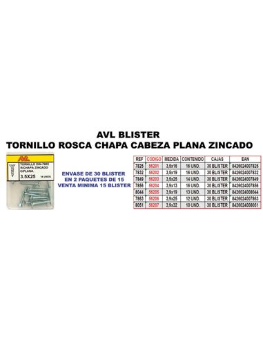 AVL FINSTOCK BLISTER TORNILLO ROSCA CHAPA 3,9x13 C/PLANA7856