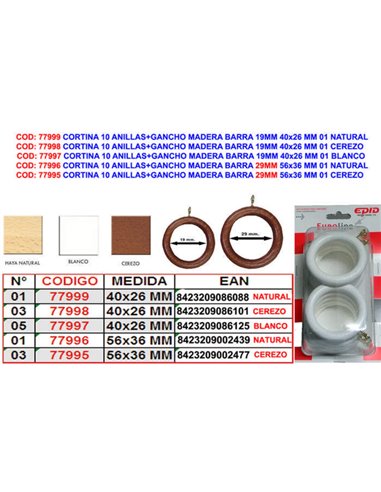 CORTINA 10 ANILLAS+GANCHO MADERA BARRA 19MM 40x26 MM 05 BLANCO