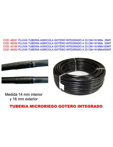 PLUVIA TUBO RIEGO PERFORADO CON GOTERO  2L/H 33 CM16 MMx100MT