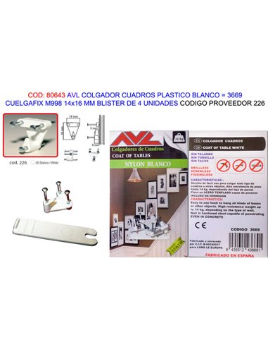 AVL COLGADOR CUADROFIX BLANCO M99814x16MM BL4 UND3669 (226)