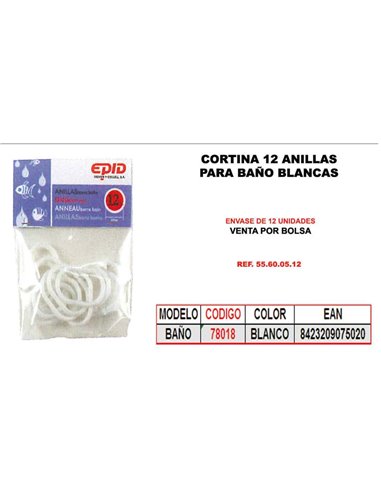 CORTINA BA�O ANILLA BLANCA BOLSA 12 UNIDAD 55.60.05