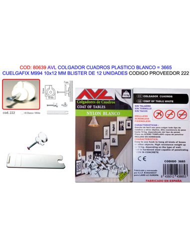 AVL COLGADOR CUADROFIX BLANCO M99410x12MM BL12U3665 (222)