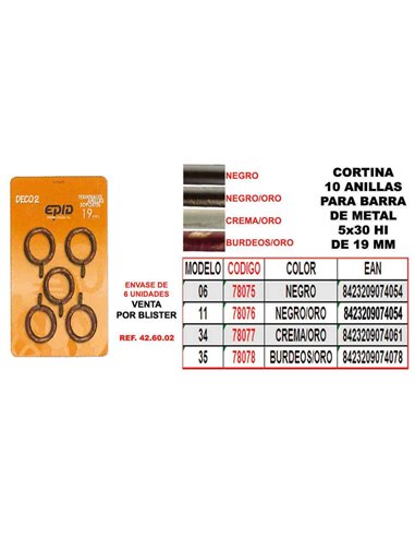 CORTINA 10 ANILLAS+GANCHO HIERRO BARRA 19MM 5x30 06 NEGRO 