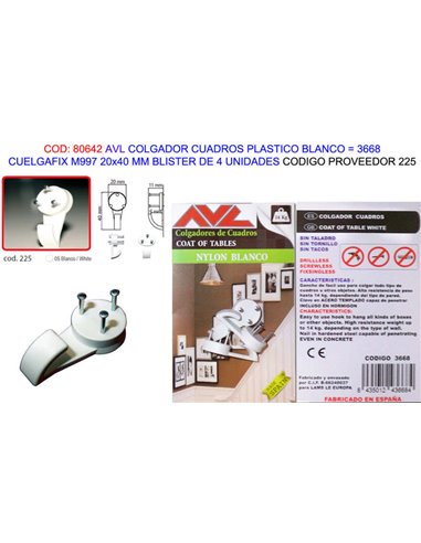 AVL COLGADOR CUADROFIX BLANCO M99720x40MM BL4 UND3668 (225)