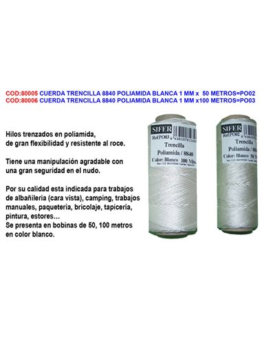 CUERDA TRENCILLA 8840 POLIAMIDA BLANCA 1 MM x  50 M ALBA�ILPO02