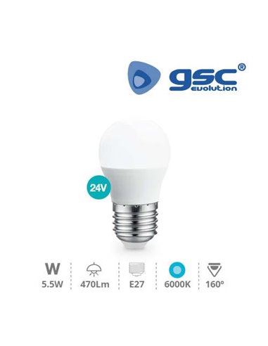 Bombilla LED esférica G45 E27 (5,5W 6000K 470lm) 24V IP20 