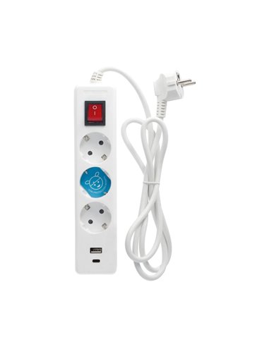 Base múltiple 3T+USB C+A con interruptor (3x1,5mm) con cable de 1,4m de longitud fabricada en polipropileno color blanco