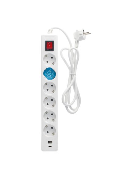 Base múltiple 6T+USB C+A con interruptor (3x1,5mm) con cable de 1,4m de longitud fabricada en polipropileno color blanco