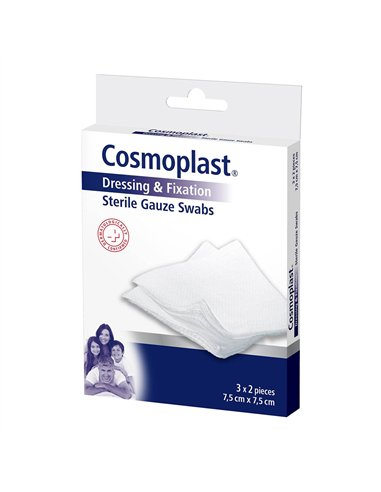 COSMOPLAST Gasas esterilizadas para aplicación sobre heridas 7,5x7,5cm color blanco (Caja de 6 unidades)