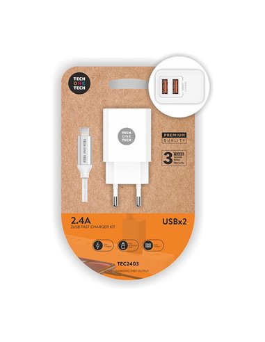 TECH ONE TECH Cargador rápido doble con salidas USB 2,4A inteligentes + cable micro USB 37x24x77mm color blanco