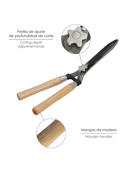 Tijera Podar Setos 2 Manos Mangos Madera 54 cm. Hojas Acero Antiadherente, Ajuste Corte