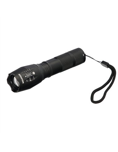 Linterna LED de mano (3xAAA no incluidas) con 4 modos de luz y zoom (5W 300lm) IP44 fabricada en aluminio color negro