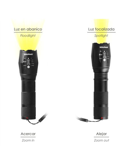Linterna LED De Mano Aluminio A Pilas (3 AAA) 300 Lumenes 5 Watt. Con Zoom