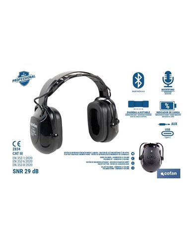 Cascos antirruido con Bluetooth | Reducción de sonido (SNR) 29 dB | Protección auditiva con micrófono y control de volumen