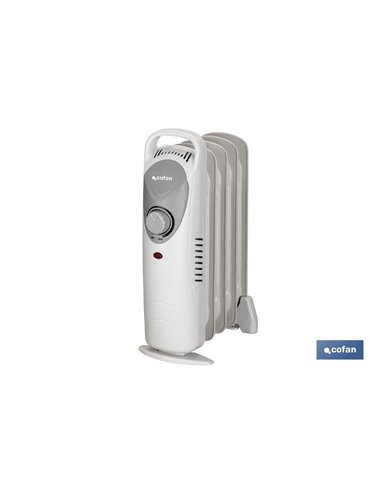 Mini radiador de aceite | Potencia: 450 W | Termostato regulable | Seguridad antiincendios | Color: blanco | Medidas: 26 x 13 x 