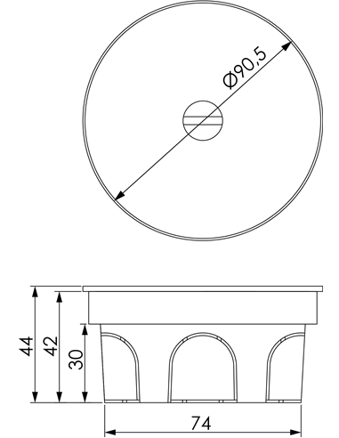 Round flush-mounted connection box with blind cover with 8 Ø25mm inputs IP20 Ø9,1x4,4cm black and white
