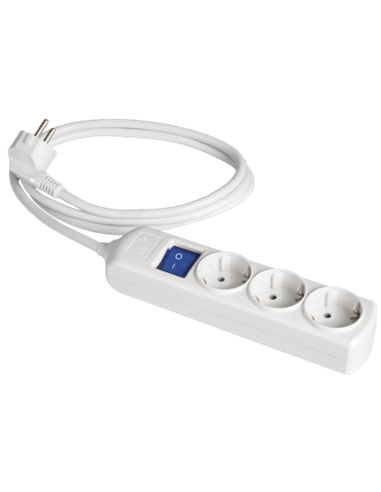 Base múltiple de 3 tomas 2P+T Schuko con interruptor azul y cable (Hasta 3680W 16A 250V) IP20 22,4x5x4,1cm color blanco
