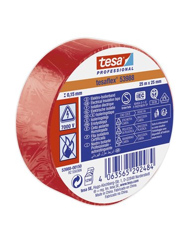 Cinta aislante homologada 25m x 25mm color rojo para aislar o marcar cables