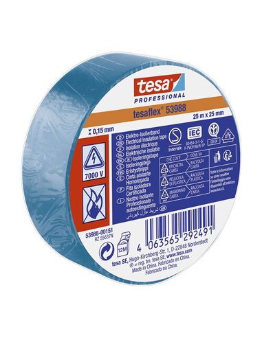 Cinta aislante homologada 25m x 25mm color azul para aislar o marcar cables