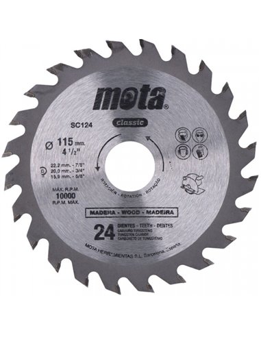 DISCO SIERRA TUNGSTENO CORTE MADERA PARA RADIAL 115mm 24TH SC124 MOTA