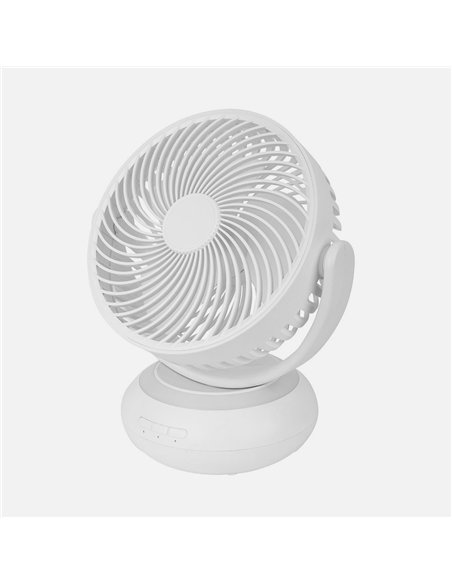 Ventilador Inalambrico Sobremesa Bengali Blanco 5w 3vel Recargable C/luz, Aliment.USB, Fijo Y Rotatorio 3Aspas 27x23x16cm
